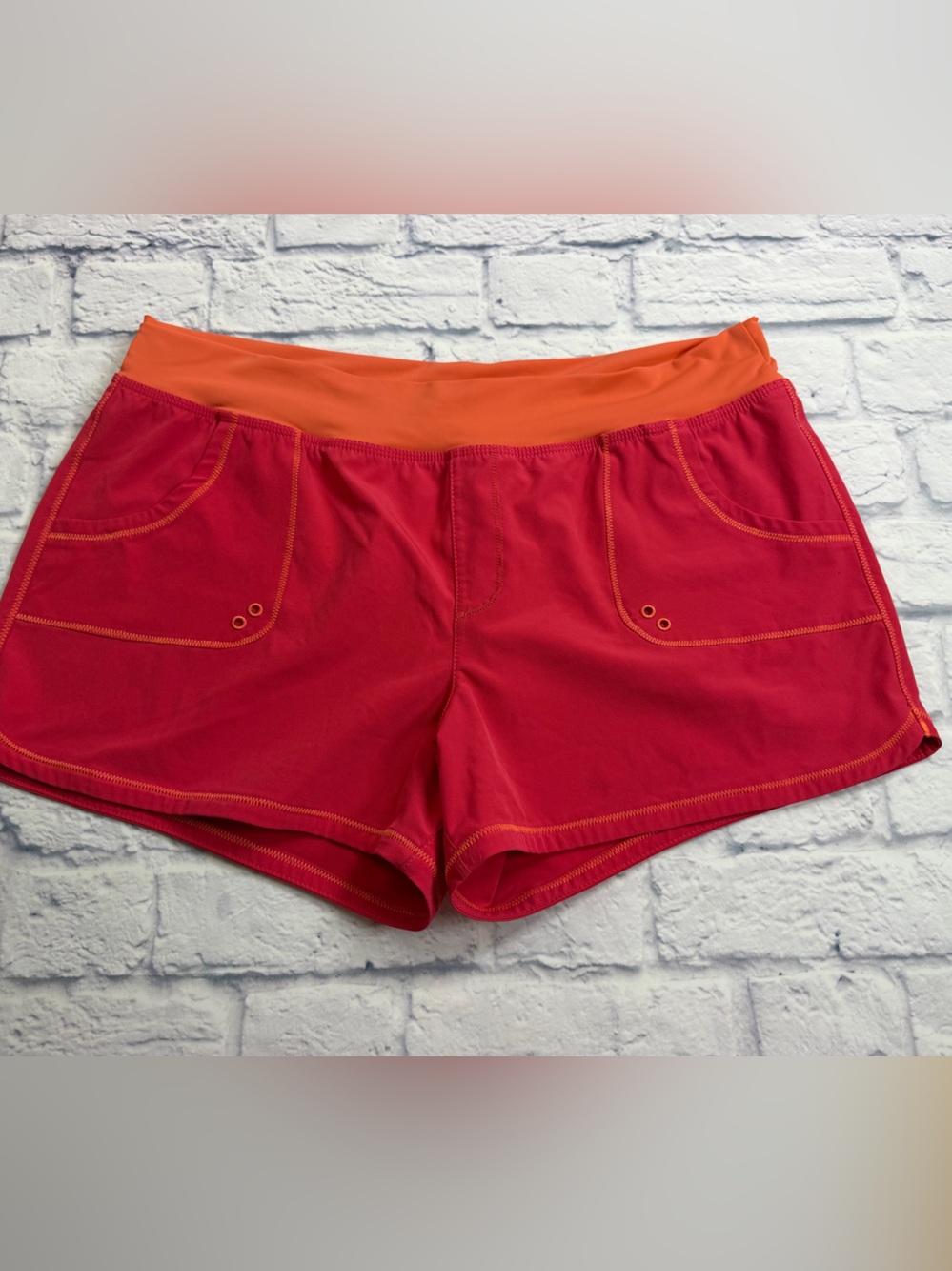 Prana Red Athletic Shorts with Orange Waistband. Size XL